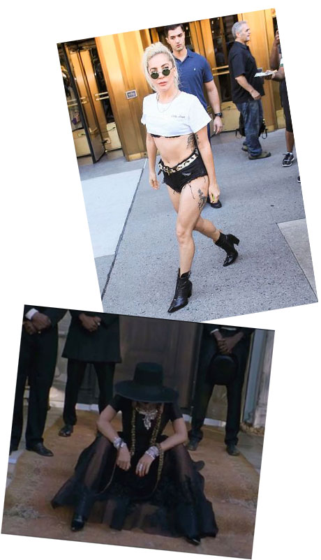 A composition of an image of Lady Gaga wearing the Fluevog Swordfish Cubist Cupcake boots and an image of Beyoncé wearing the Fluevog Celestial Communication Seraphina boots.