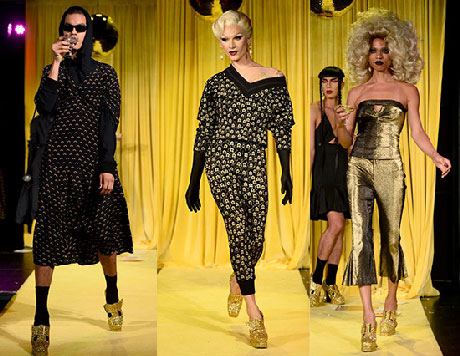 A composition of three runway images of different models wearing the gold Munster Original.