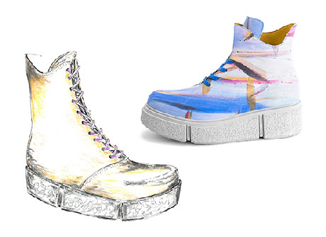 A composition of an image of the Limited Edition Mothership boot next to a conceptual drawing of the shoe.