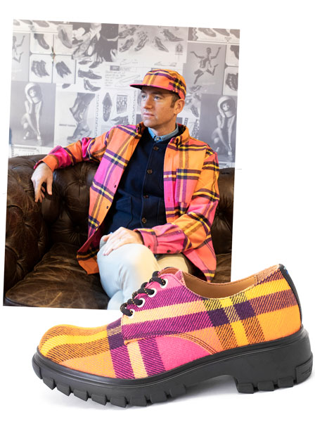 A composition of an image of Fluevog CEO Adrian Fluevog wearing the Fluevog x Anián Hat and Shirt and an image of the Official Tuesday shoe.