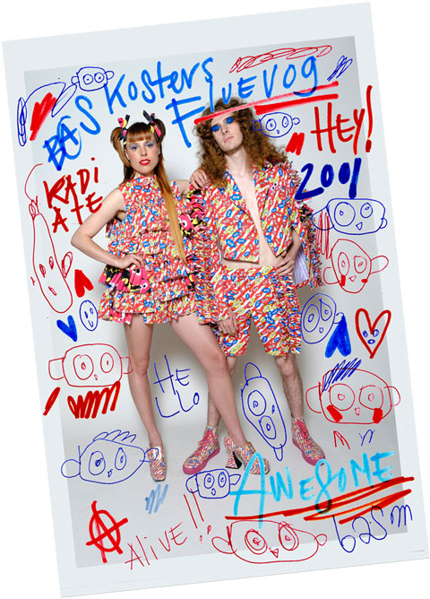 An image of a couple of models wearing the Fluevog Munster and the Noord covered in Bas Koster's hand drawn doodles.