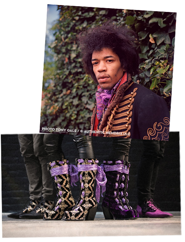 A composition of a picture of Jimi Hendrix and an image of the four Fluevog x Hendrix boot styles. 