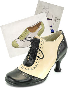A photo of the Fluevog Merrilee shoes over the sketches submitted by Merrilee Liddiard.